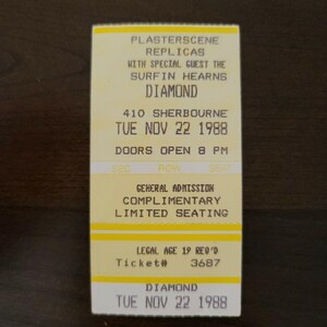 Plasterscene Replicas 1988, Toronto Diamond Club Original Konzertkarte Stub