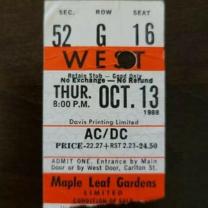 AC/DC 1988, Toronto Maple Leaf Gardens Original Vintage Konzertkarte Stub