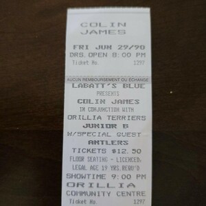 Colin James 1990, Orillia Community Center Vintage Original Konzertkarte Stub