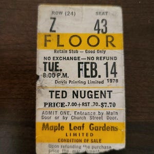 Ted Nugent 1978, Toronto Maple Leaf Gardens Original Konzertkarte Stummel