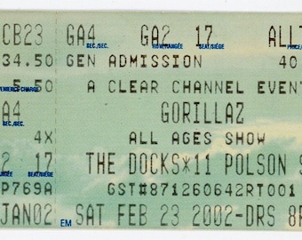 Gorillaz Vintage Concert Ticket The Docks (Toronto, 2002)