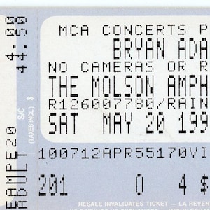 Bryan Adams Vintage Konzertkarte Stub Molson Amphitheater (Toronto, 1995)