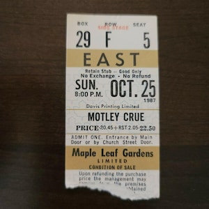 Motley Crüe 1987, Toronto Maple Leaf Gardens Original Konzertkarte Stummel