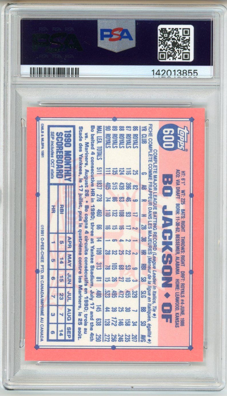 1991 OPC O-Pee-Chee Bo Jackson Graded Baseball Card #600 PSA 10 POP 38 image 2