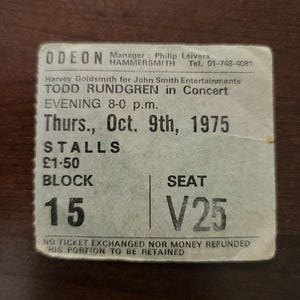 Todd Rundgren 1975, London England Odeon Original Konzertkarte Stub