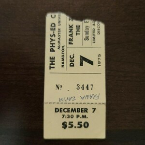 Frank Zappa 1975, Mihamilton McMaster Universität Original Konzertkarte Stummel