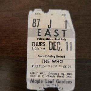 The Who 1975, Toronto Maple Leaf Gardens Original-Konzertgrau-Karten-Stub