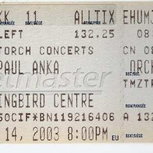 Paul Anka Vintage Konzertkarte Stub Hummingbird Center (Toronto, 2003)