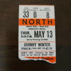 Johnny Winter 1976, Toronto Maple Leaf Gardens Original Konzertkarte Stummel