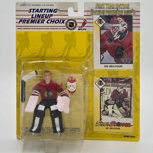 Escalação inicial de Kenner na NHL de 1993, Ed Belfour, figura do Chicago Blackhawks e cartão de hóquei