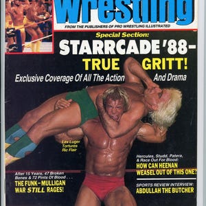May include: A vintage April 1989 issue of Sports Review Wrestling magazine. The cover features two wrestlers in action, with text including "STARRCADE '88" and "TRUE GRITT!" The magazine cover has a yellow, blue, and red color scheme.