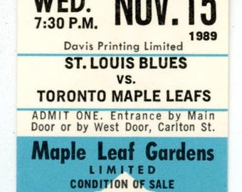 St. Louis Blues vs. Toronto Maple Leafs Unused Vintage Full Ticket Maple Leaf Gardens (Toronto, November 1989)