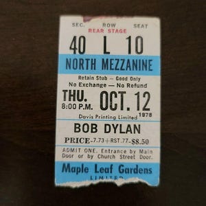 Bob Dylan 1978, Toronto Maple Leaf Gardens Original Vintage Konzertkarte Stummel
