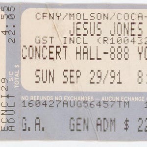Jesus Jones Vintage Konzertkarte Stub The Concert Hall (Toronto, 1991)
