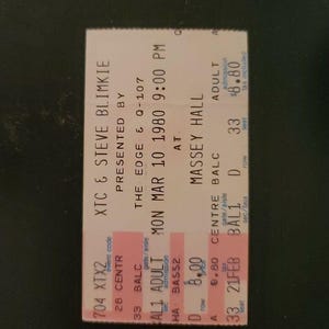 XTC & Steve Blimkie 1980, Toronto Massey Hall Original Konzertkarte Stummel