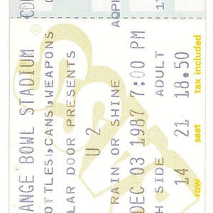 U2 Vintage Konzertkarte Orange Bowl Stadium (Miami, 1987) Unbenutzt