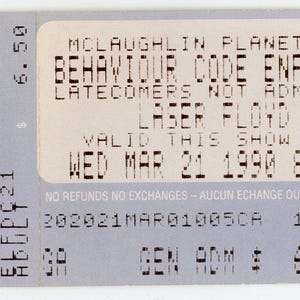 McLaughlin Planetarium Laser Pink Floyd Vintage Konzertkarte Stub (Toronto, 1990) Selten