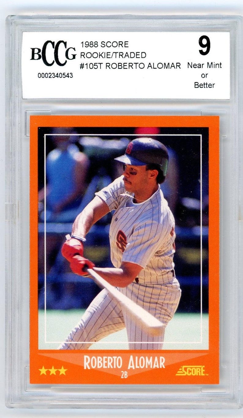 1988 Score Roberto Alomar Rookie & Traded Graded Card BCCG 9 afbeelding 1
