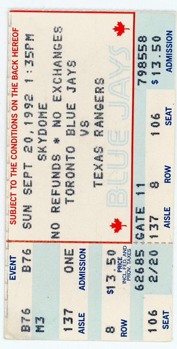 Toronto Blue Jays Vs. Texas Rangers Vintage Ticket Stub Skydome