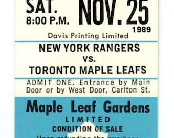 New York Rangers vs. Toronto Maple Leafs Unused Full Ticket Maple Leaf Gardens (Toronto, November 1989)