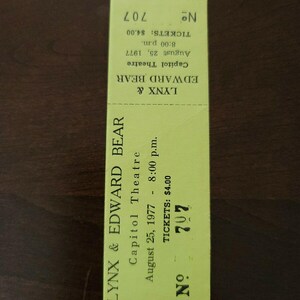 Lynx Edward Bear 1977, Toronto Cap Hüllentheater Original Konzertkarte Stummel