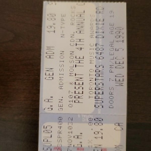 Toronto Music Awards 1990, Superstars Nightclub Original Konzertkarte Stub