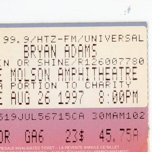 Bryan Adams Vintage Konzertkarte Stub Molson Amphitheater (Toronto, 1997)