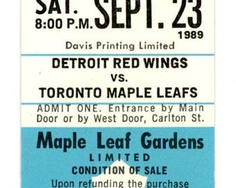 Detroit Red Wings vs. Toronto Maple Leafs Unused Full Ticket Maple Leaf Gardens (Toronto, September 1989)