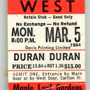 Duran Duran Vintage Konzertkarte Maple Leaf Gardens (Toronto, 1984) The Reflex Tour