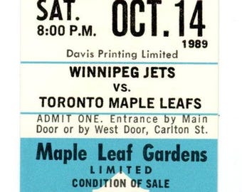 Winnipeg Jets vs. Toronto Maple Leafs Unused Vintage Full Ticket Maple Leaf Gardens (Toronto, October 1989)
