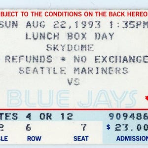 Seattle Mariners Toronto Blue Jays Vintage Ticket Toronto Skydome 1993 Ken Griffey Jr