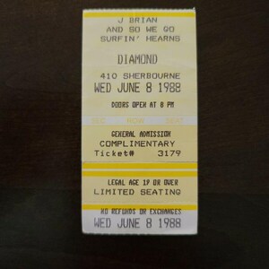 J Jane 1988, Toronto The Diamond Club Original-Konzertkarte Stub