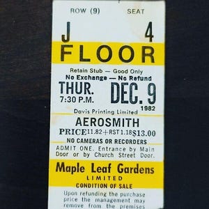 AeroSmith 1982, Toronto Maple Leaf Gardens Vintage Original Konzertkarte Stub