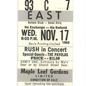 RUSH w / The Payolas Vintage Konzertkarte Stub Maple Leaf Gardens (Toronto, 1982)