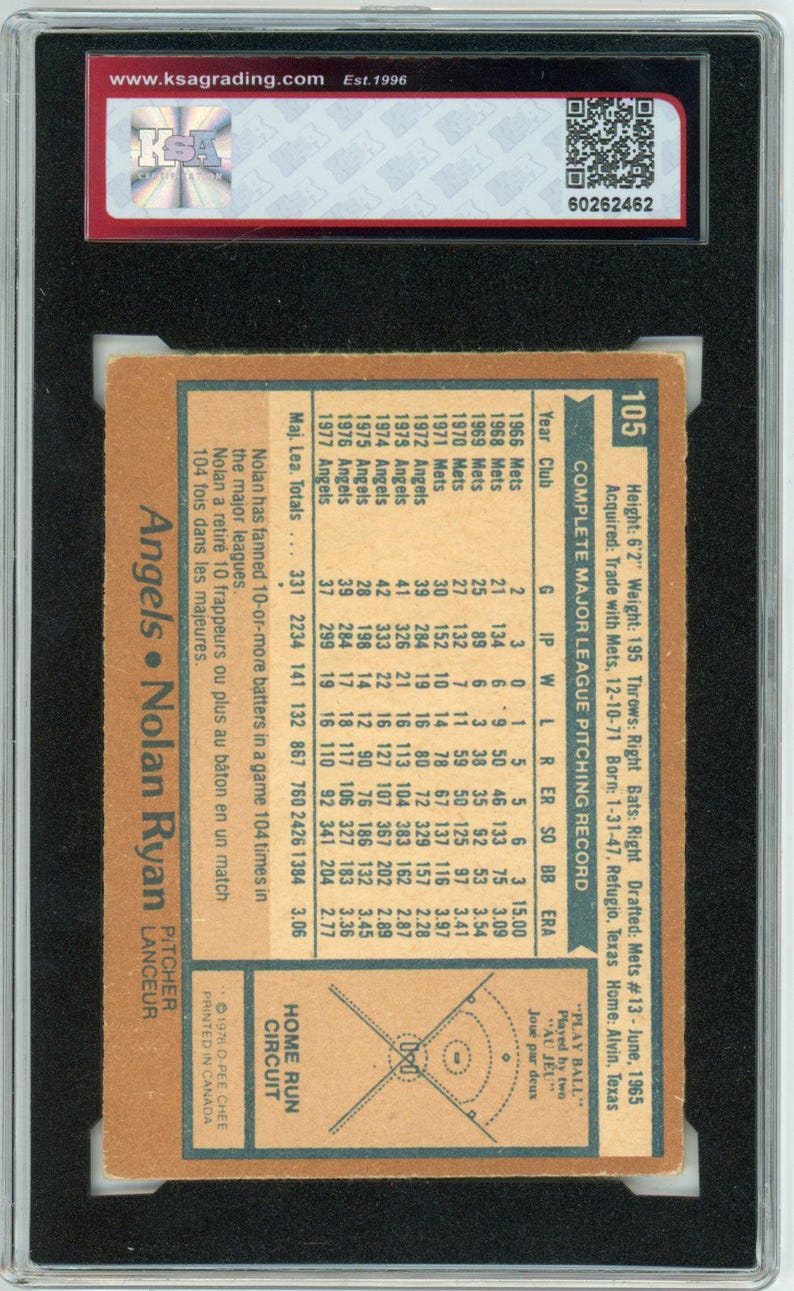1978 OPC O-Pee-Chee Nolan Ryan Graded Baseball Card #105 KSA 3 image 2