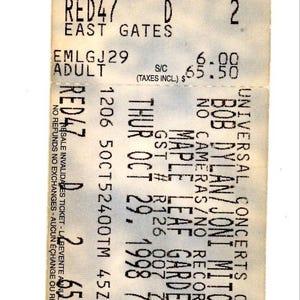 Original Bob Dylan & Joni Mitchell Vintage Konzertkarte Stub Maple Leaf Gardens (Toronto, 1998)