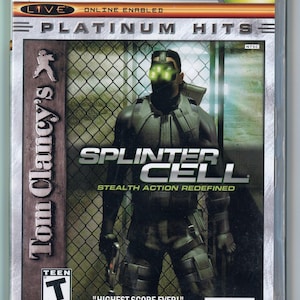 May include: Xbox Platinum Hits game case for Tom Clancy's Splinter Cell. The cover features a character in tactical gear with glowing green goggles. The game is rated T for Teen and includes the text "Stealth Action Redefined."