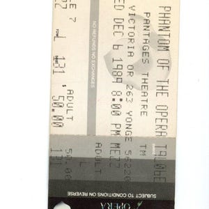 Phantom der Oper Vintage Konzertspielkarte Stub Pantages Theater (Toronto, 1989)