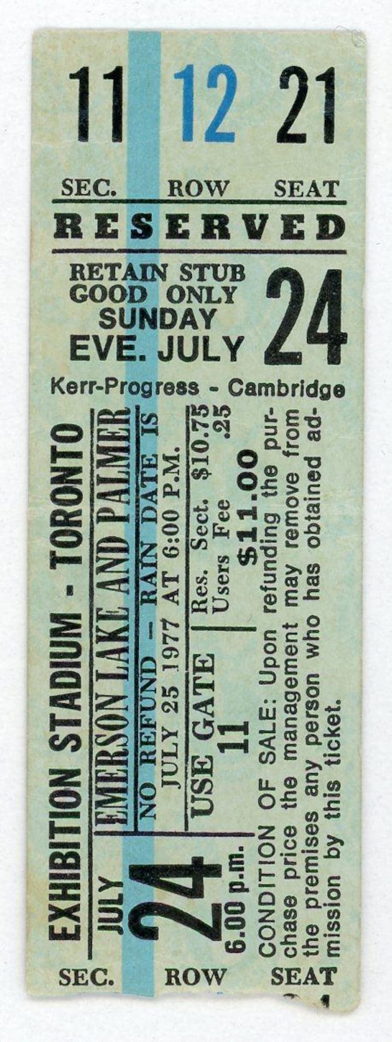 Emerson, Lake & Palmer Vintage Concert Ticket Exhibition Stadium (Toronto, 1977) image 1