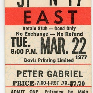 Peter Gabriel Vintage Konzertkarte Maple Leaf Gardens (Toronto, 1977)