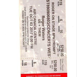 Roger Waters US + Them Konzertkarte Stub Molson Air Canada Center (Toronto, 2017)
