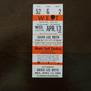 David Lee Roth 1988, Toronto Maple Leaf Gardens Original Konzertkarte Stummel