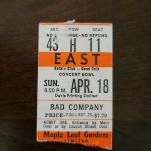 Bad Company 1976, Toronto Maple Leaf Gardens Original Konzertkarte Stummel