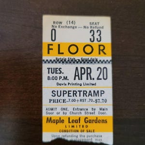 Supertramp 1976, Toronto Maple Leaf Gardens Original Konzertkarte Gold Stub