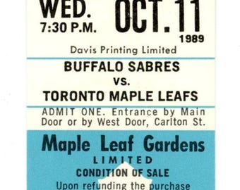 1989 Buffalo Sabres vs. Toronto Maple Leafs Unused Full Ticket – Maple Leaf Gardens (Oct 11, 1989)