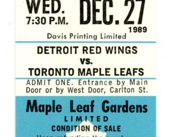 Detroit Red Wings vs. Toronto Maple Leafs Vintage Unused Full Ticket Maple Leaf Gardens (Toronto, December 1989)