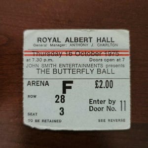 The Butterfly Ball 1975, London England Royal Albert Hall Konzertkarte Stub