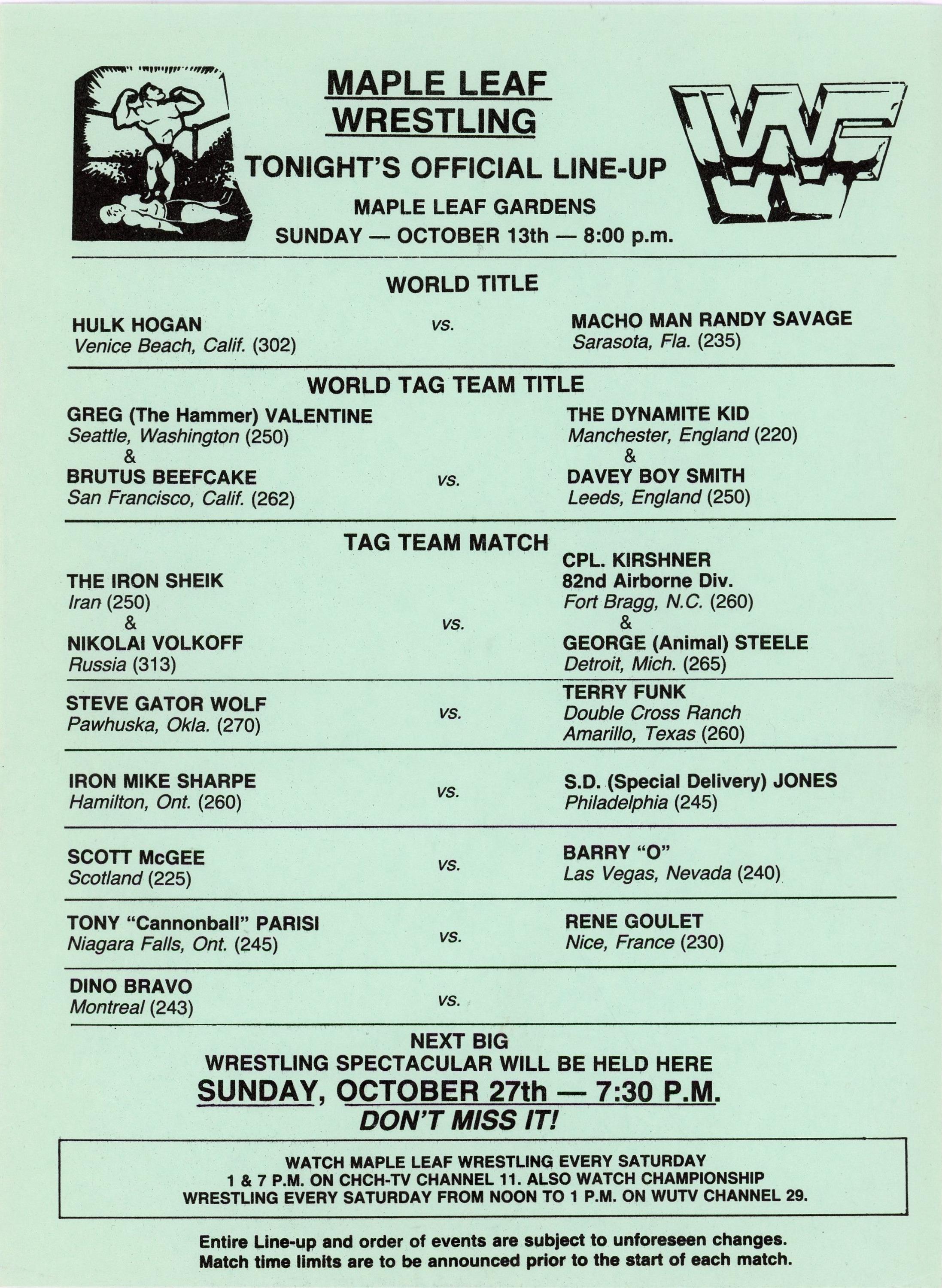1985 WWF Wrestling Program Maple Leaf Gardens Lineup Card, Ticket
