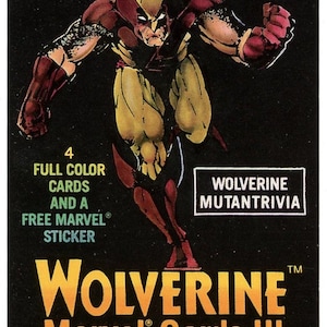 May include: A comic book trading card featuring Wolverine, a Marvel Comics superhero, in a yellow and red costume. The card is part of a set called "Wolverine Marvel Cards III" by Comic Images. The card includes a sticker and a trivia game.