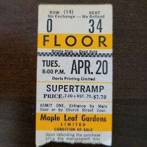 Supertramp 1976, Toronto Maple Leaf Gardens Original Vintage Konzertkarte Stummel